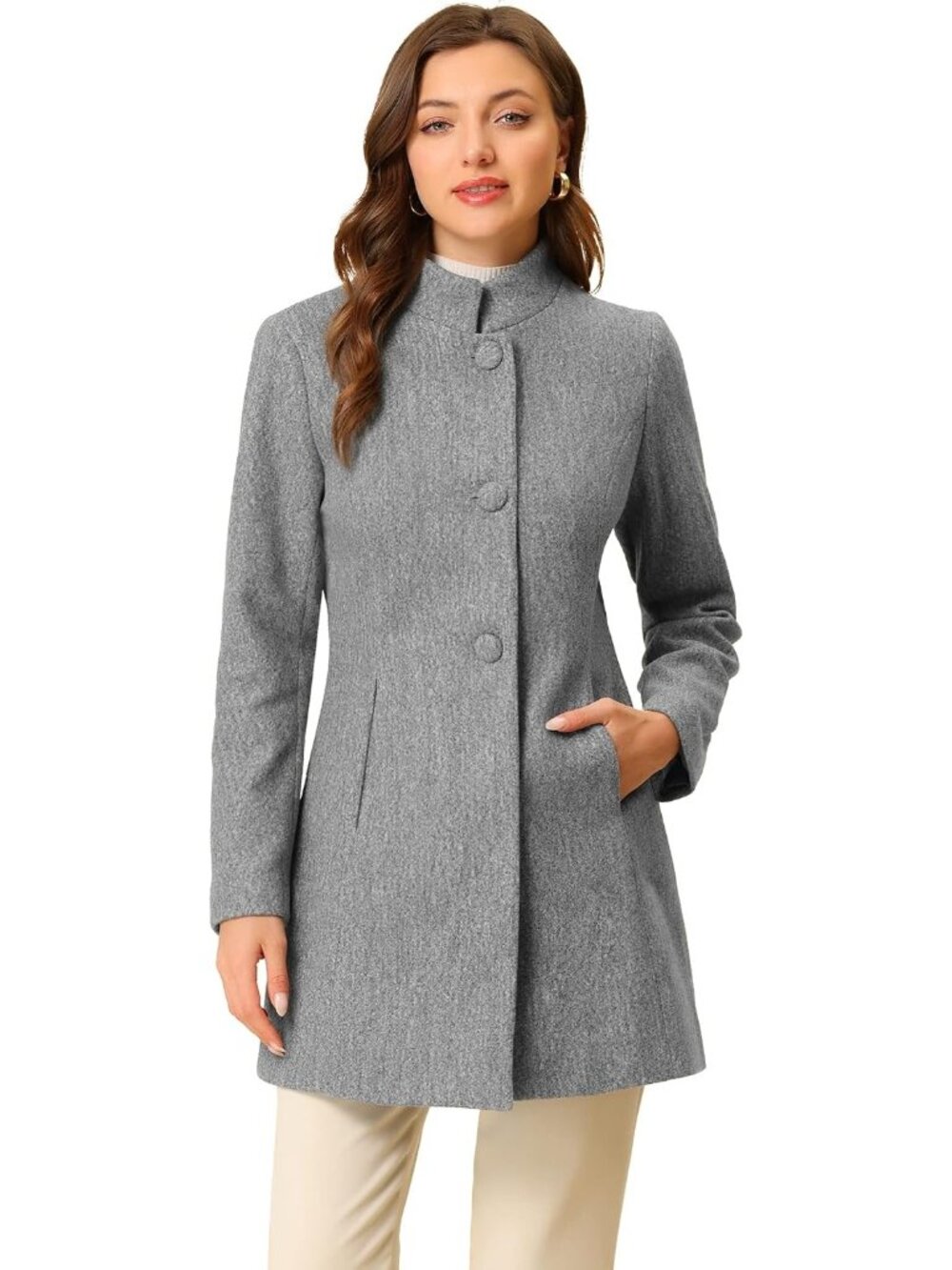 Women's Light Grey Mid-long Stand Collar Single Breasted Loose Fit Trench Coat